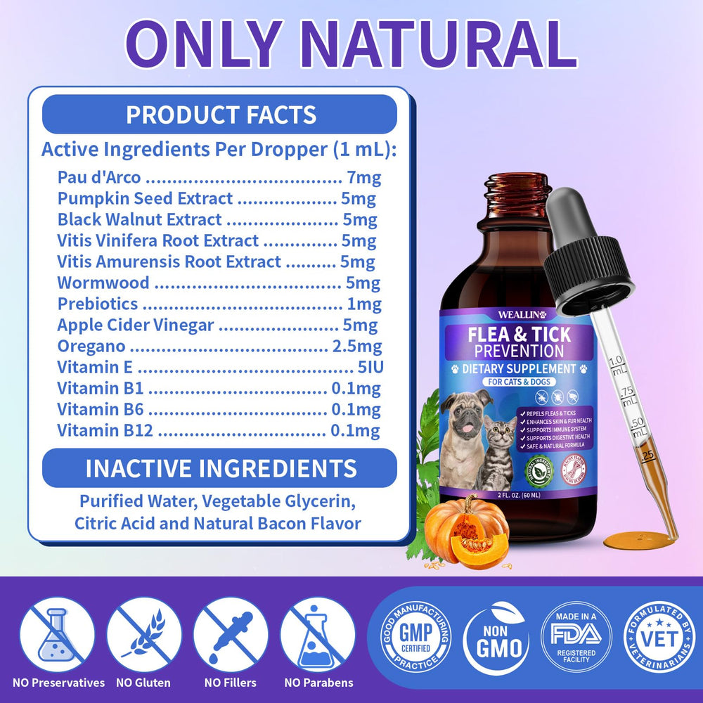 WEALLIN flea and tick support drops mixed into pet food.