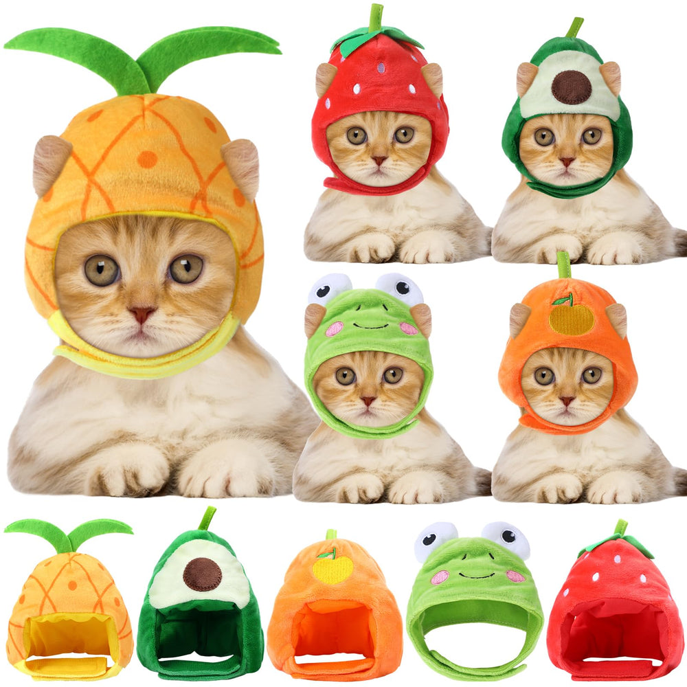 Weewooday cat hat set showing the five fruit and frog costume styles.