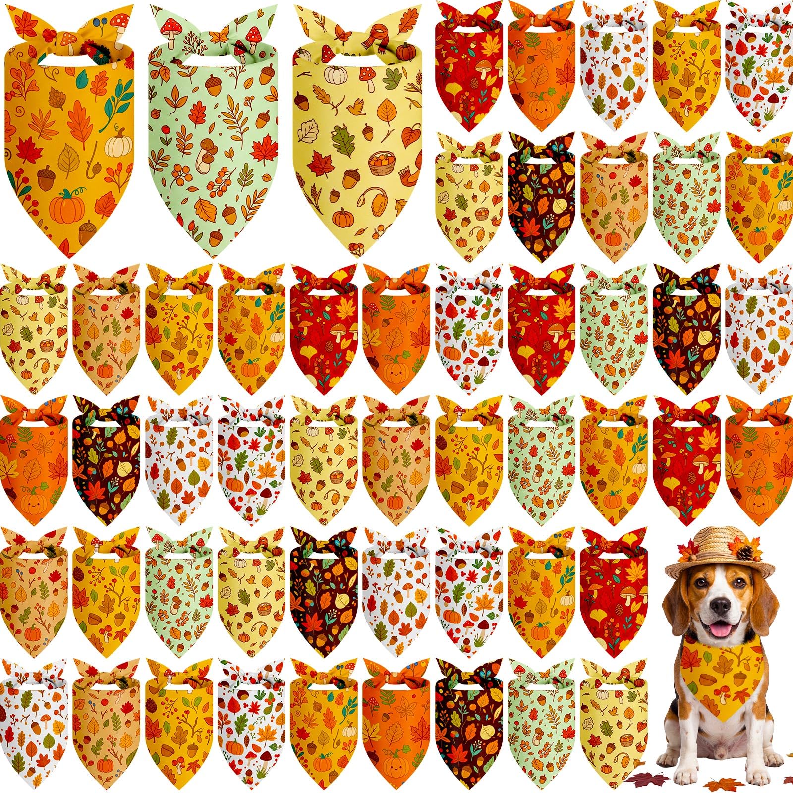 Weewooday fall dog bandanas shown as an assortment of autumn designs.