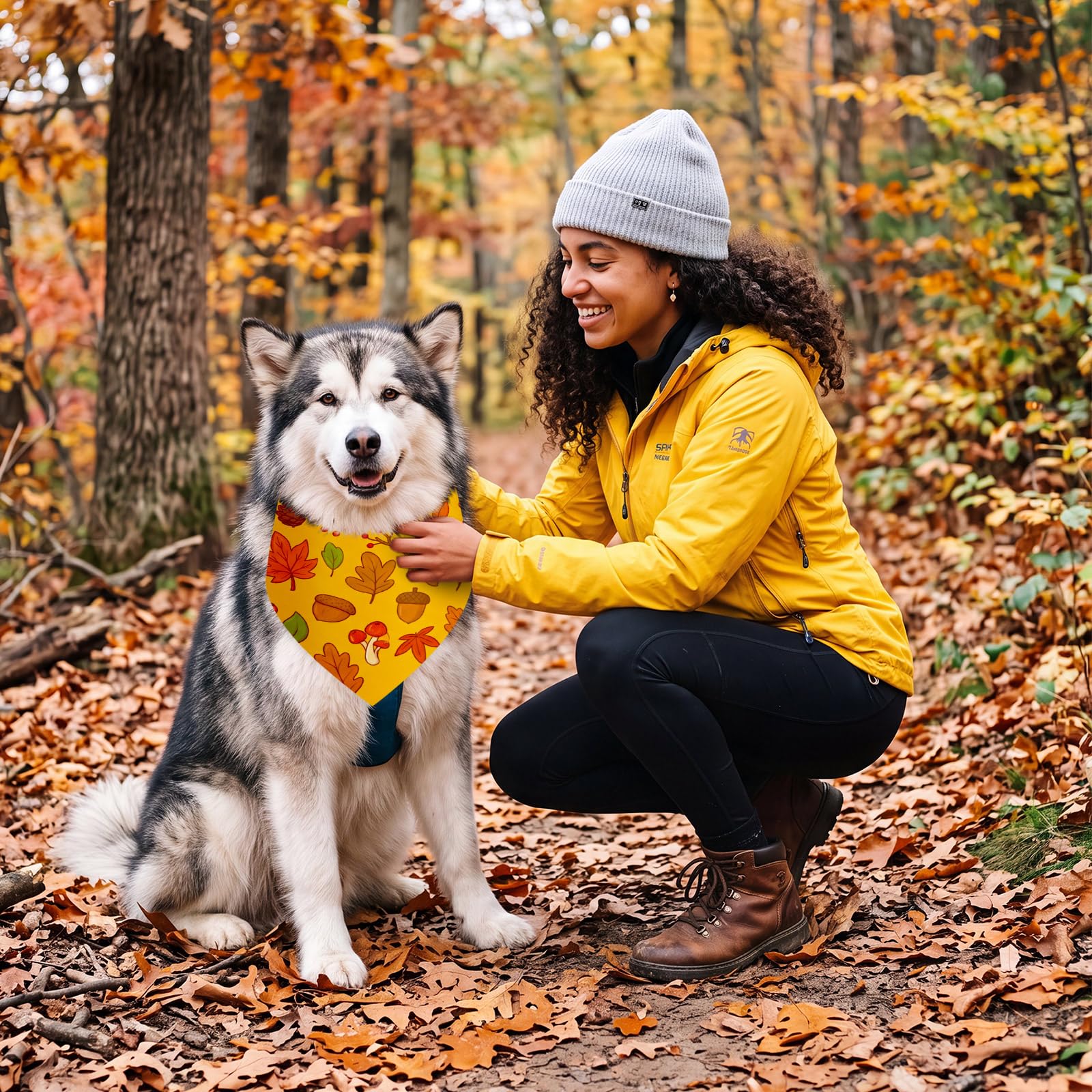 Weewooday dog bandanas shown in fall colors including red, orange, yellow, brown, white and green.