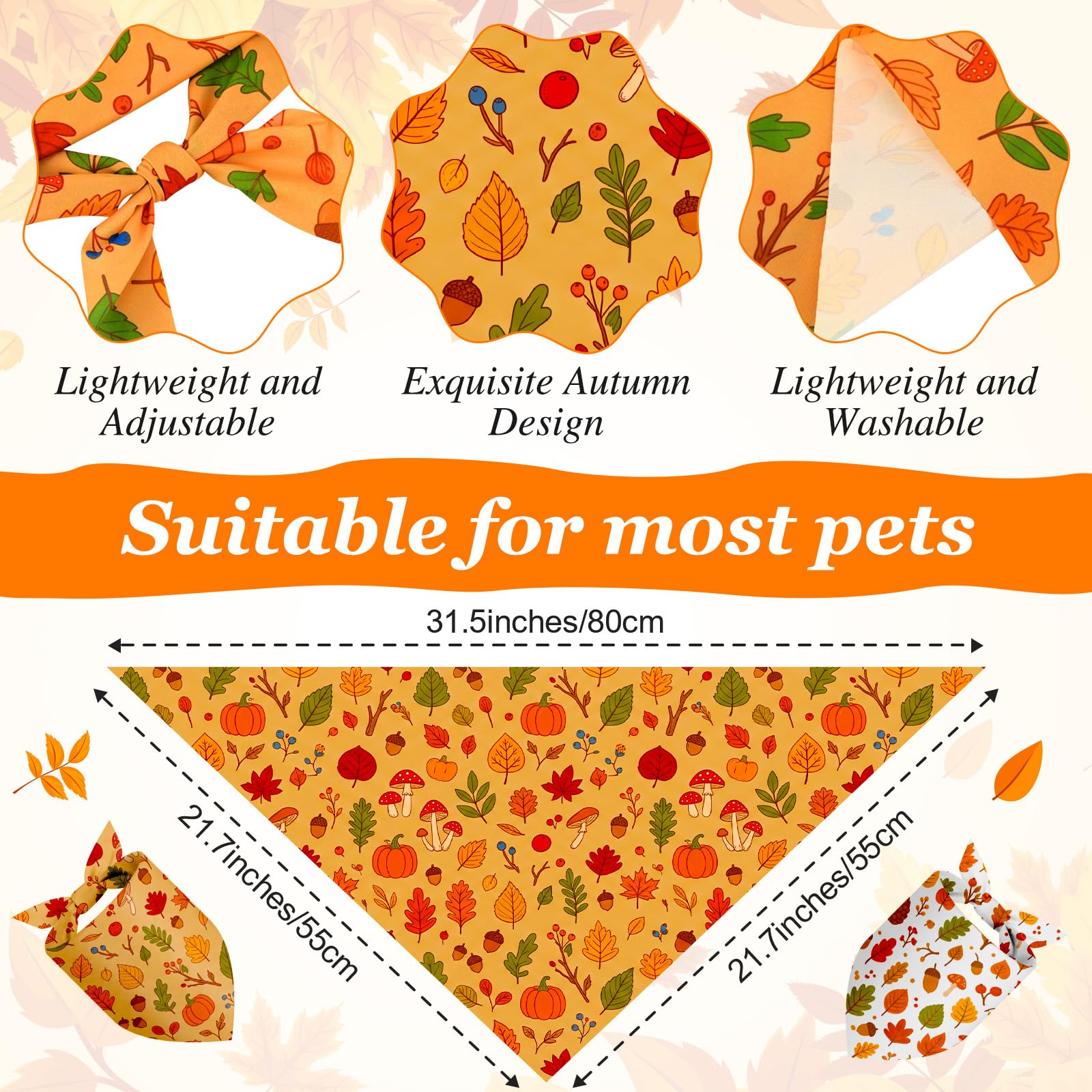 Weewooday dog bandanas featuring pumpkin, maple leaf, pine cone and acorn motifs.