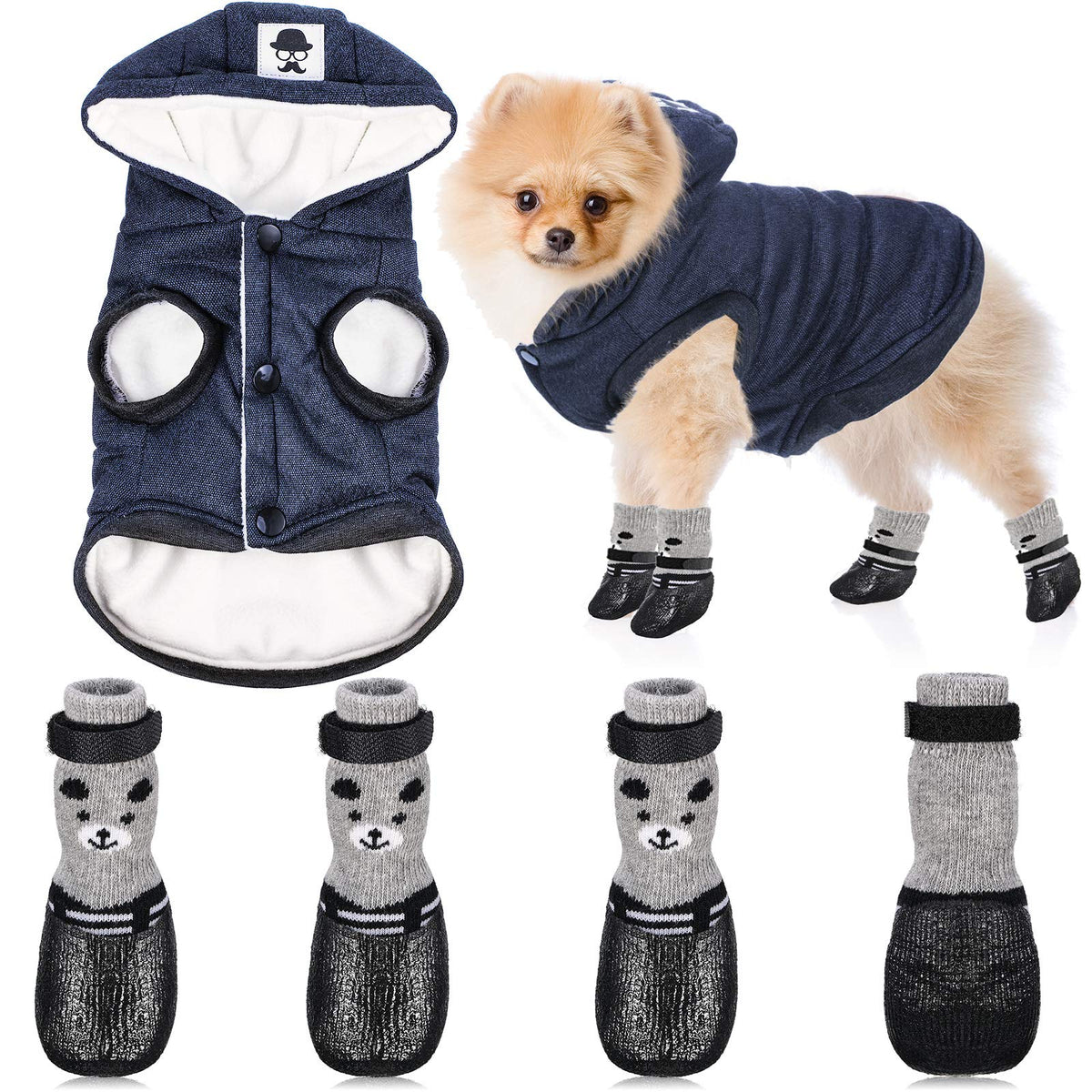 Weewooday dog coat and shoe set shown from the front in navy blue.