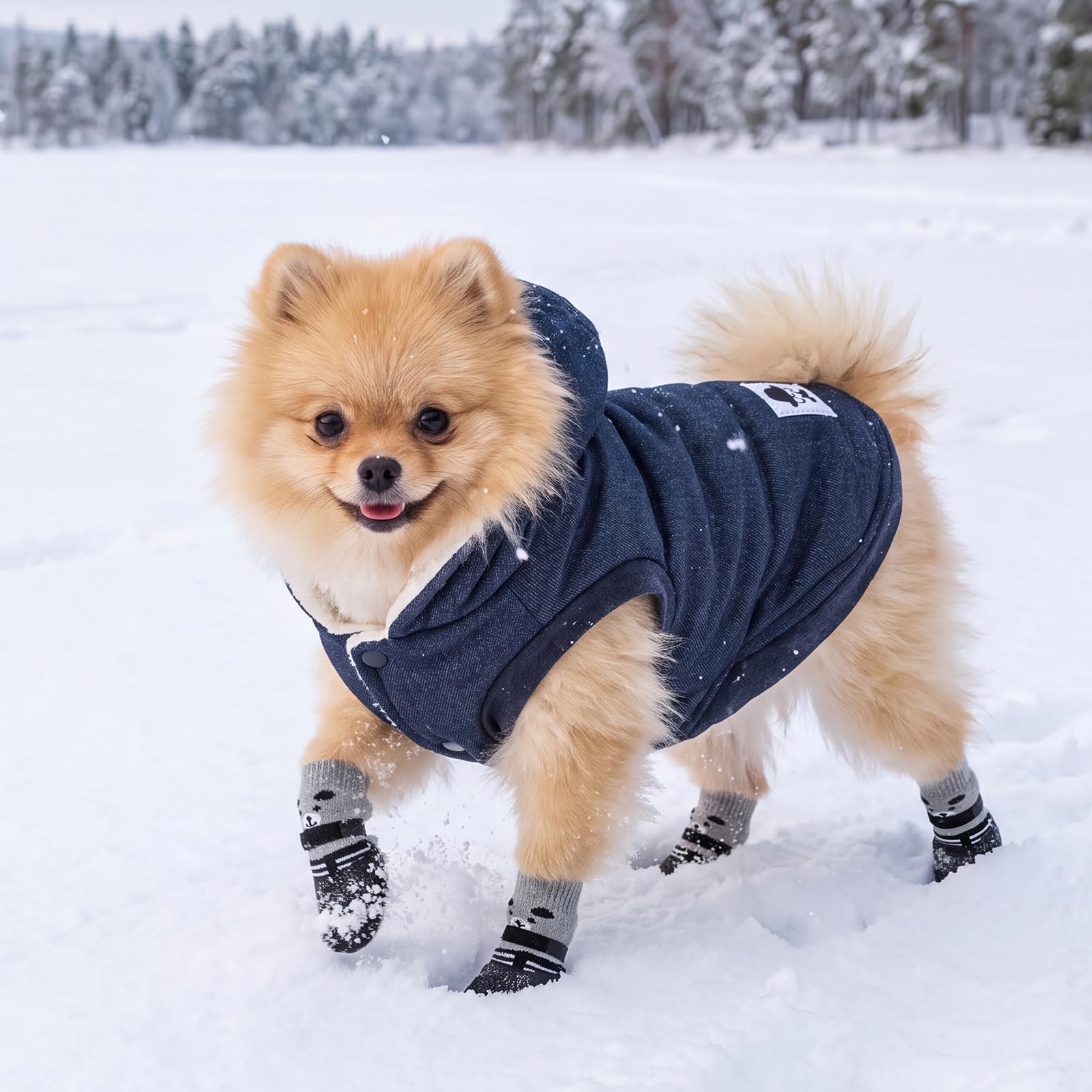 Weewooday winter dog coat and shoes shown together for indoor or outdoor use.