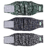 Wegreeco male dog belly band pack showing the washable wraps and their cool design.