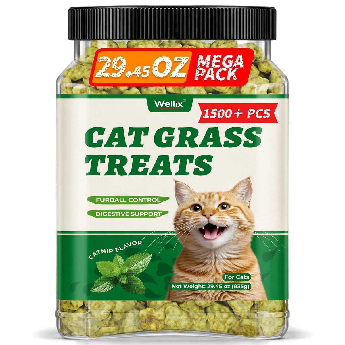 Wellix cat grass treats shown with the front of the resealable tin.