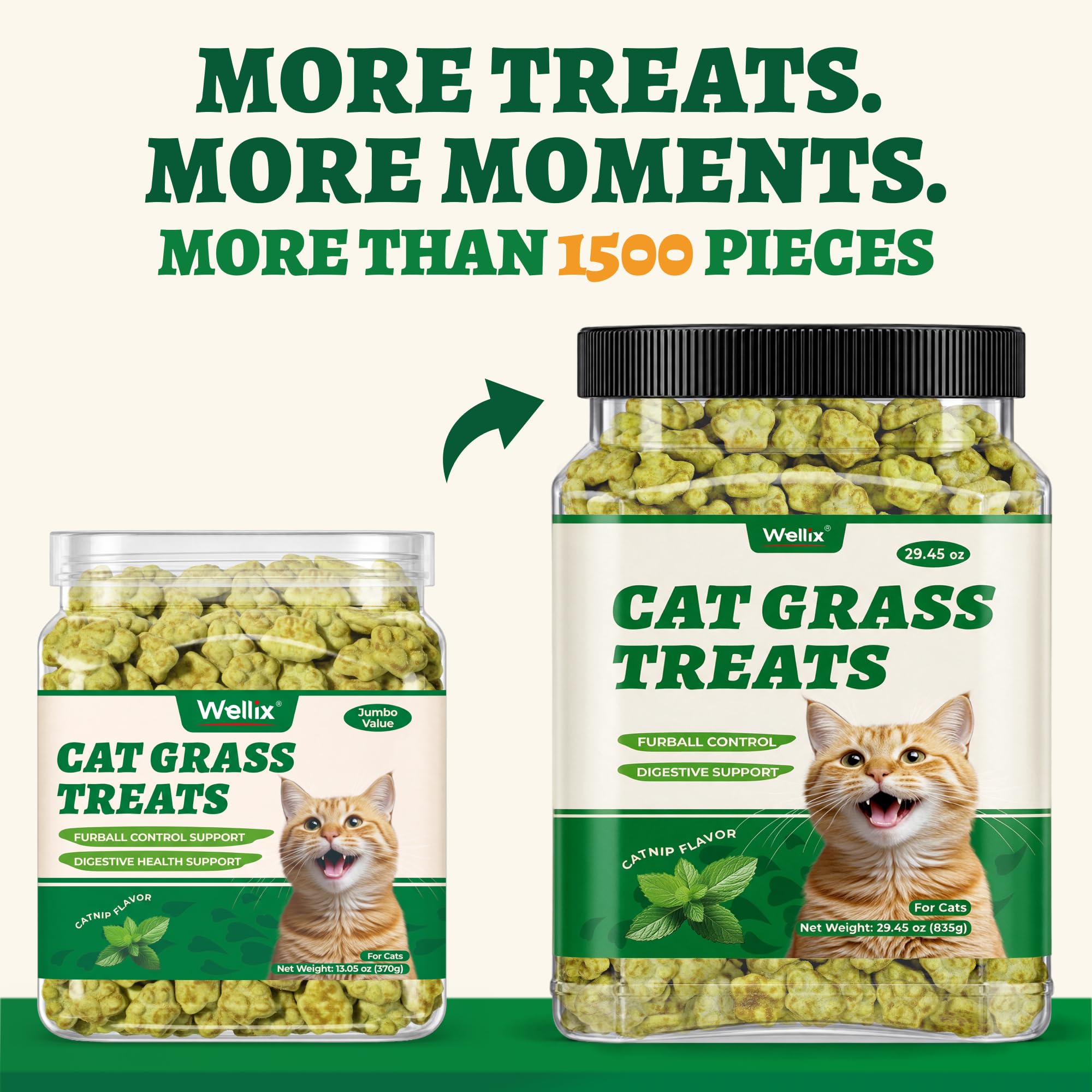 Wellix cat grass treats shown as part of a multi-cat household routine.