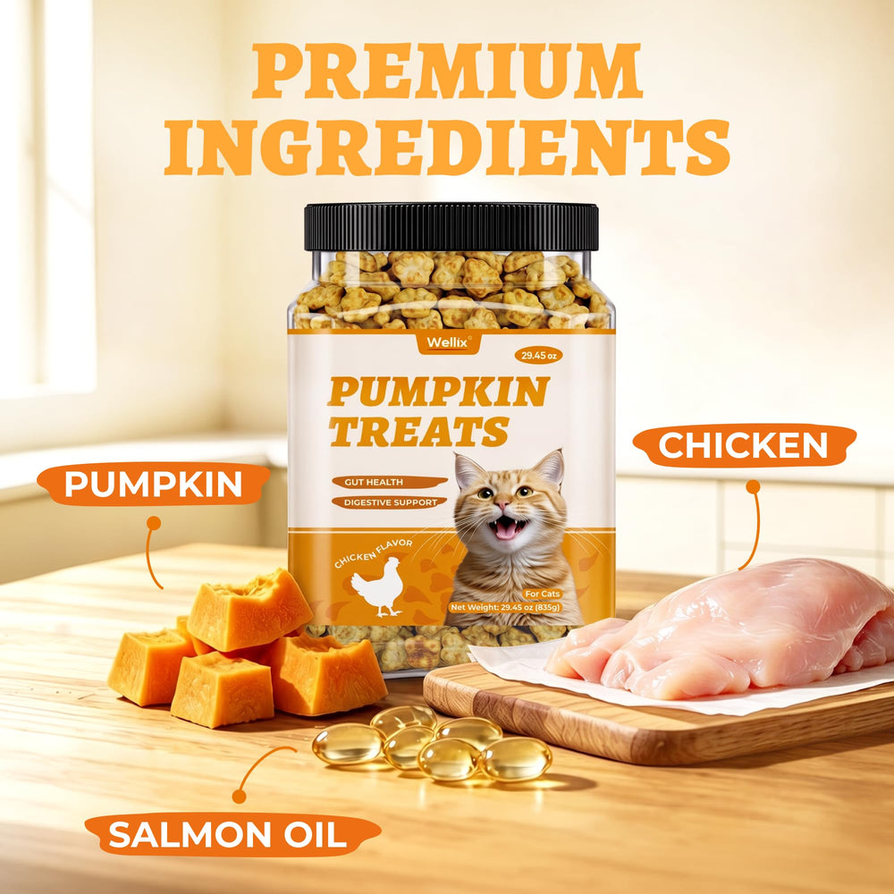 Wellix cat treats featuring real pumpkin as an ingredient.