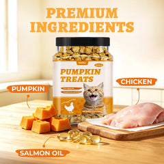Wellix cat treats featuring real pumpkin as an ingredient.