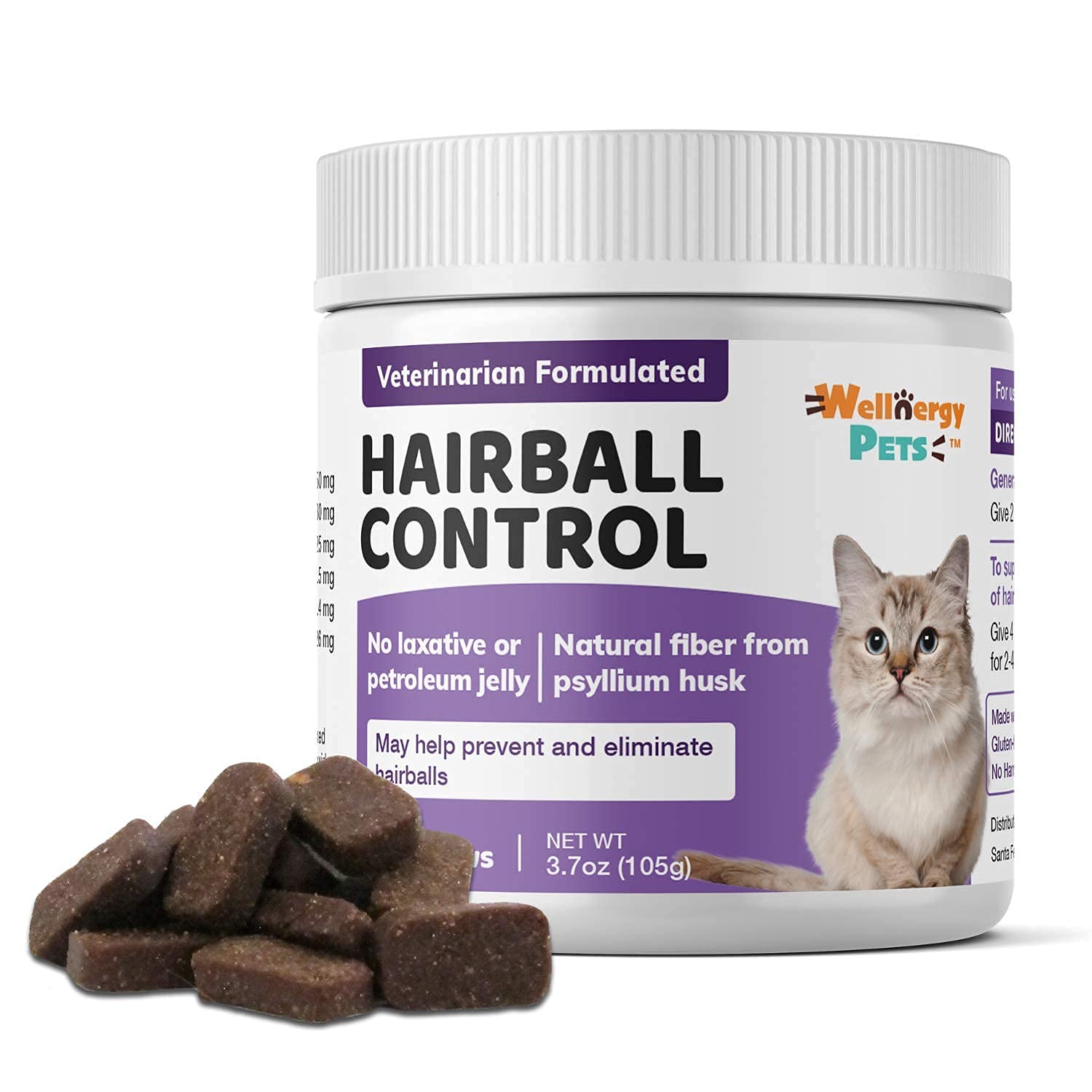 Wellnergy Pets cat hairball control chews shown with the front of the package.