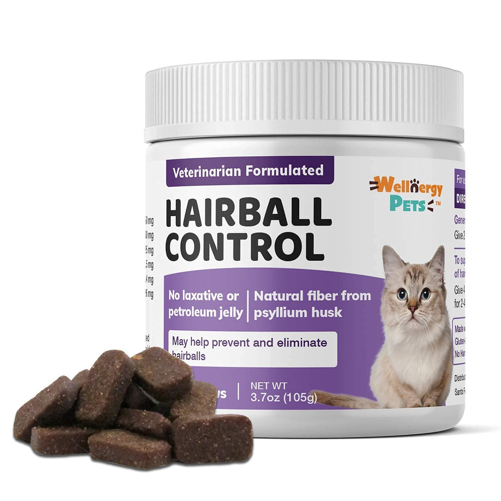Wellnergy Pets cat hairball control chews shown with the front of the package.