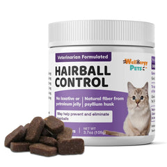Wellnergy Pets cat hairball control chews shown with the front of the package.