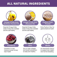Wellnergy Pets cat hairball control chews with their featured ingredients highlighted.