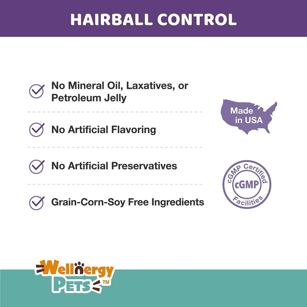 Wellnergy Pets cat hairball control chews showing the back of the package.