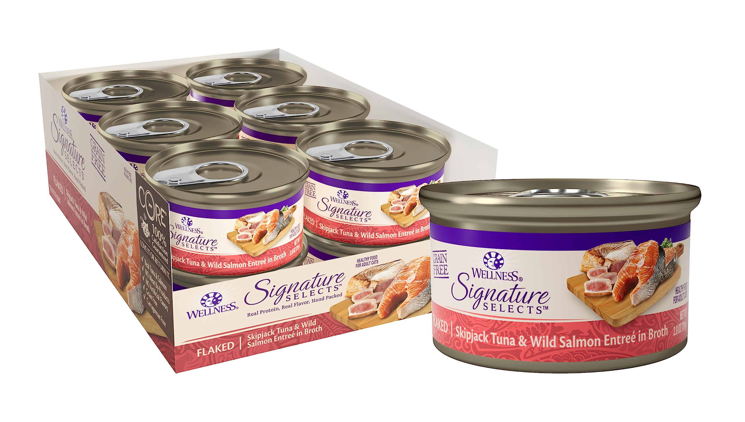 Wellness CORE flaked cat food pack shown from the front.