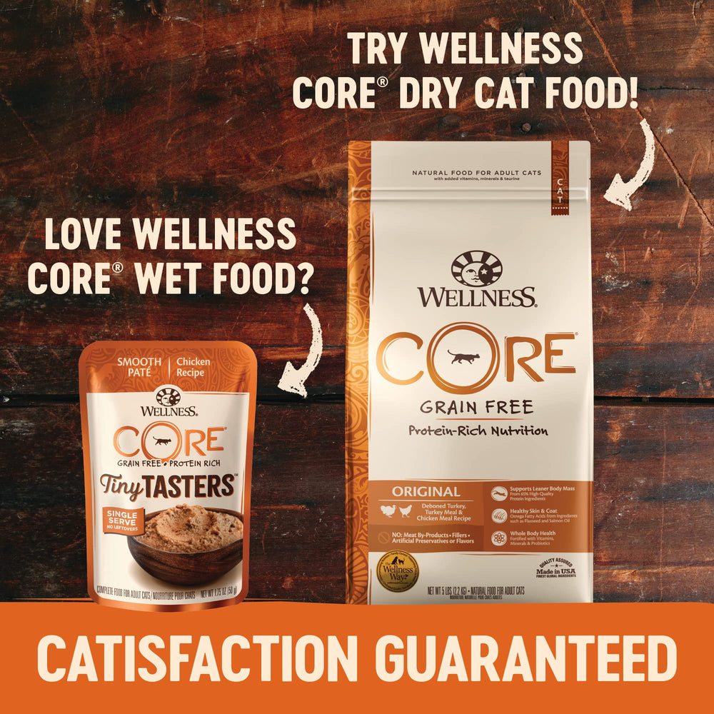 Wellness CORE Tiny Tasters cat food package displaying its nutrition and ingredient information.