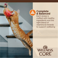 Wellness CORE Tiny Tasters wet cat food package shown with its nutrition label in focus.