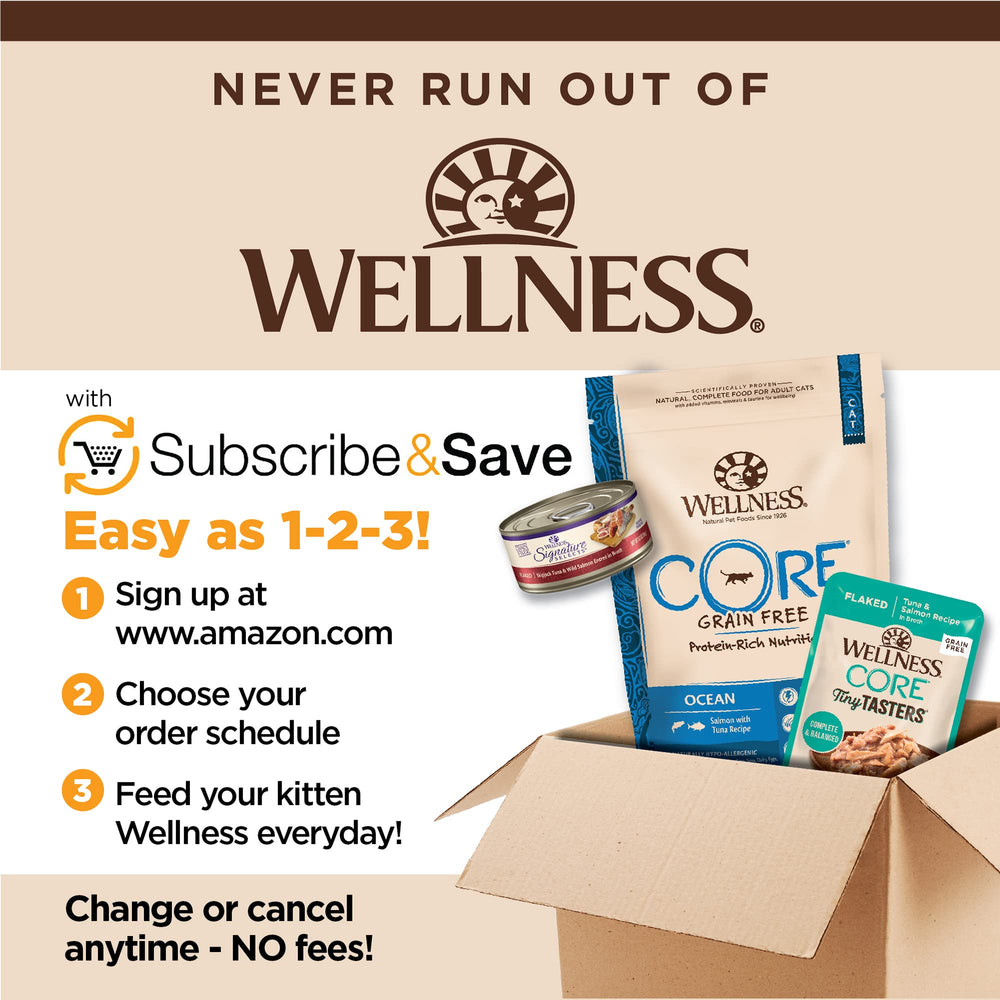 Wellness CORE Tiny Tasters wet cat food shown with its pouch and multipack packaging.