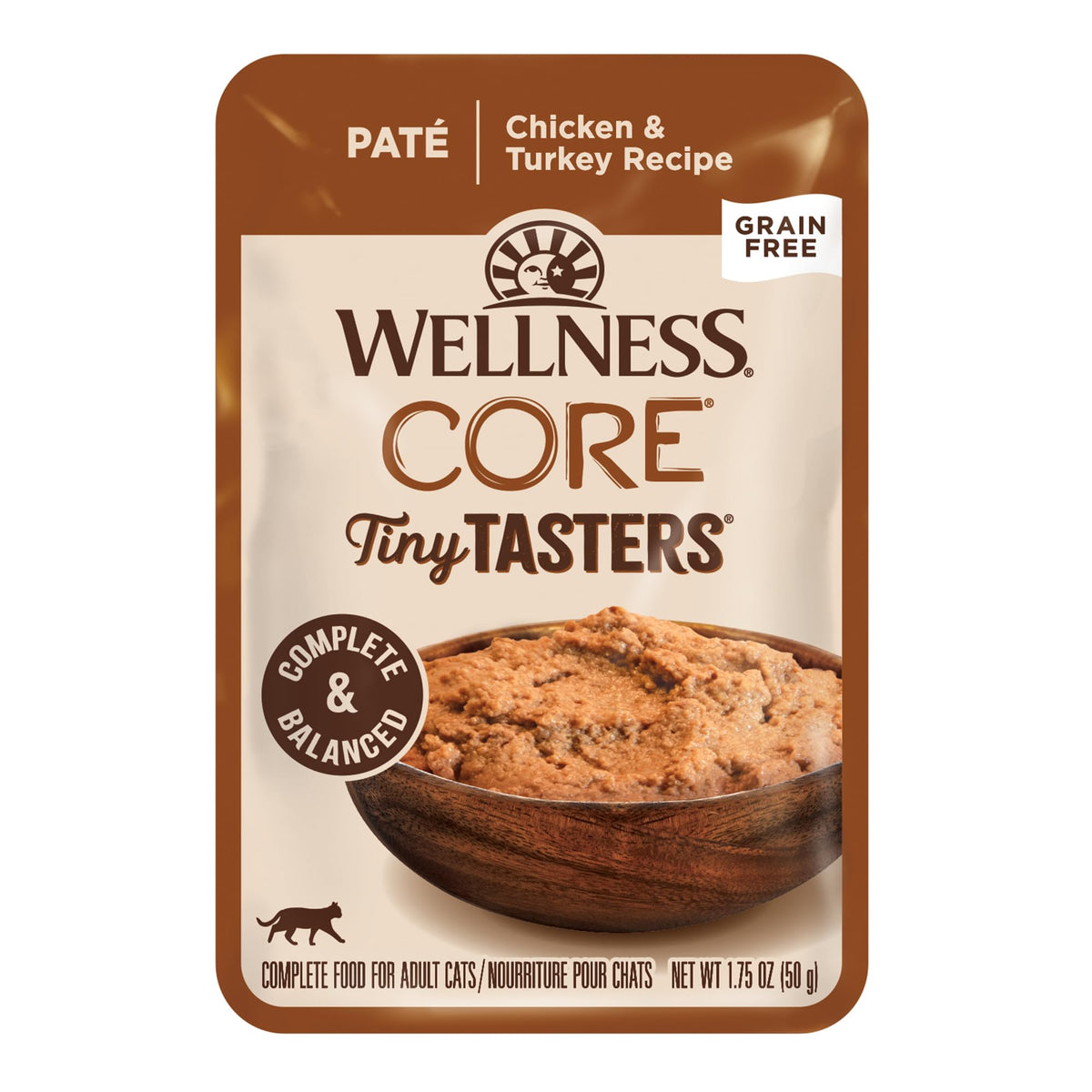 Wellness CORE Tiny Tasters cat food pouch shown from the front.