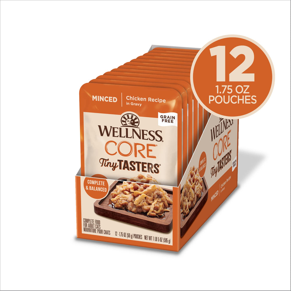 Wellness CORE Tiny Tasters wet cat food pouch shown from the front.