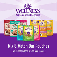 Wellness CORE Tiny Tasters wet cat food pouch shown at its easy-open top.