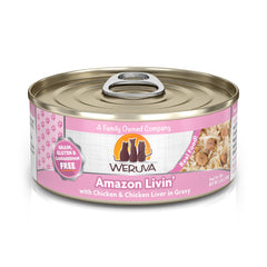 Weruva Amazon Livin' cat food can shown from the front.