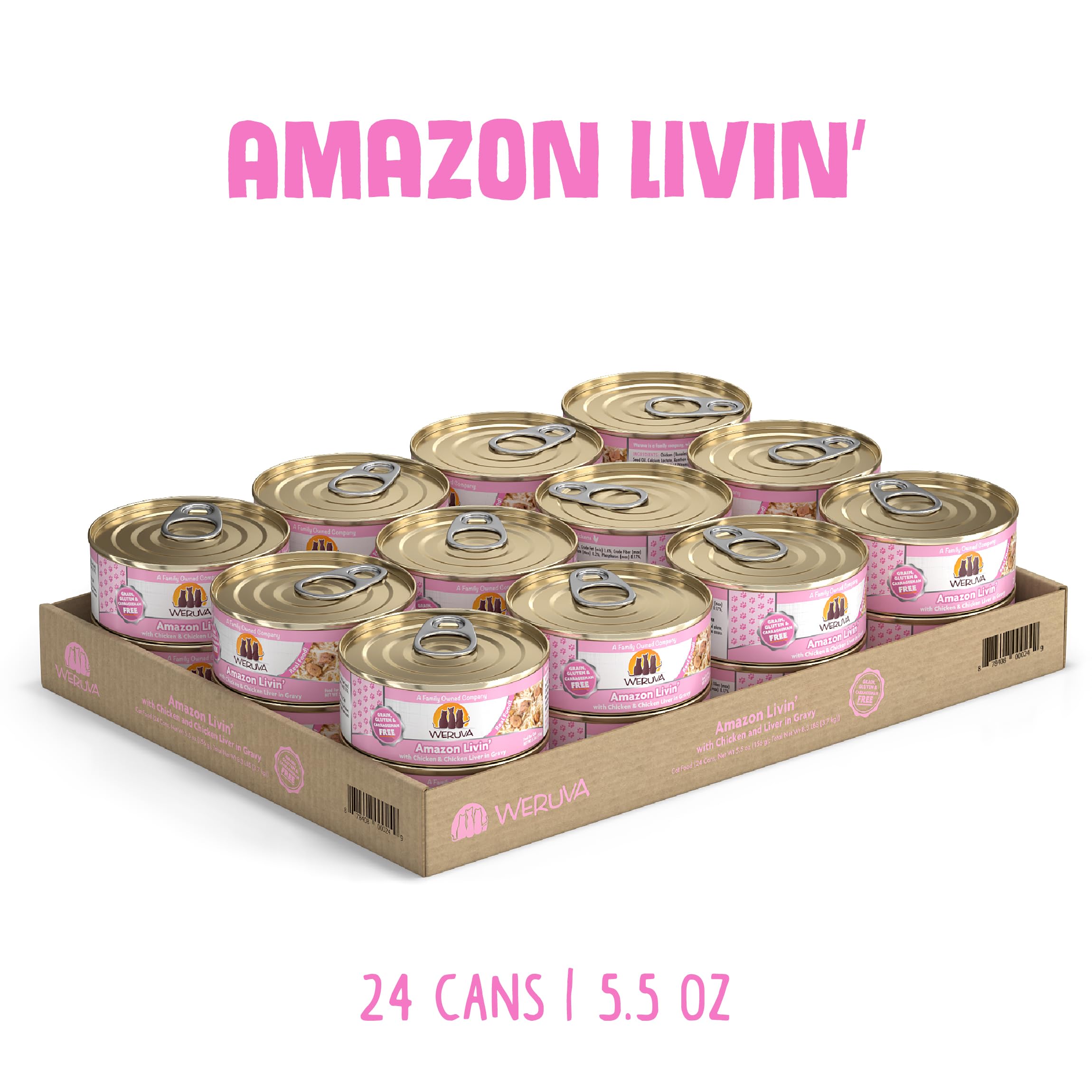 Weruva Amazon Livin' cat food featuring a close-up of shredded chicken breast.