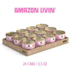 Weruva Amazon Livin' cat food featuring a close-up of shredded chicken breast.