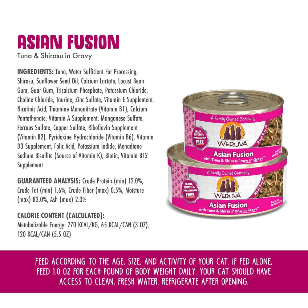 Weruva Asian Fusion cat food presented as a 24-can pack.