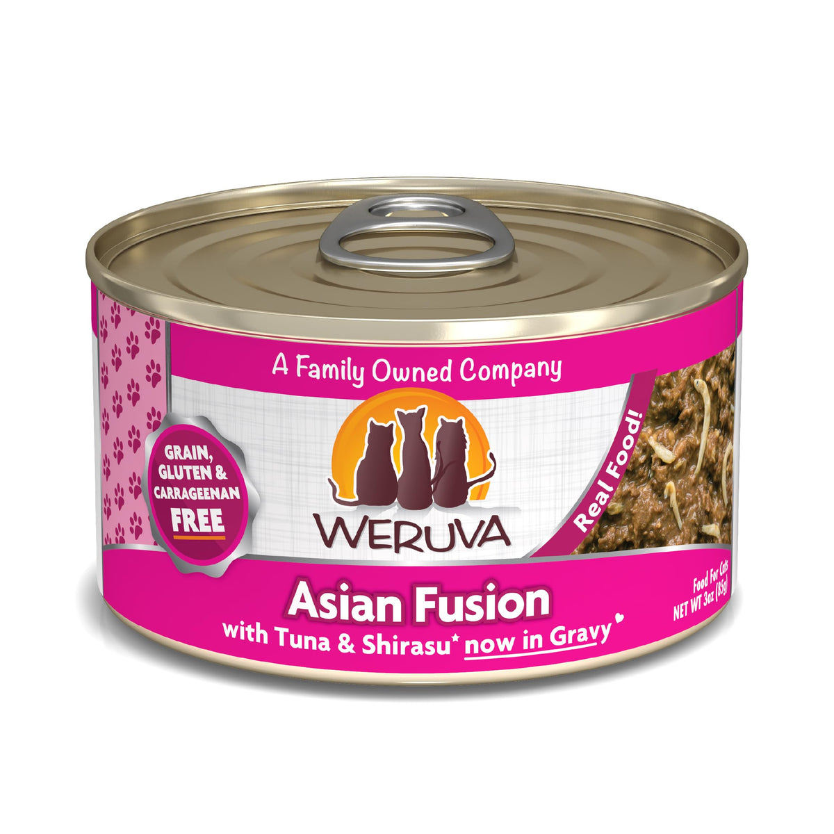 Weruva Asian Fusion cat food can shown from the front.