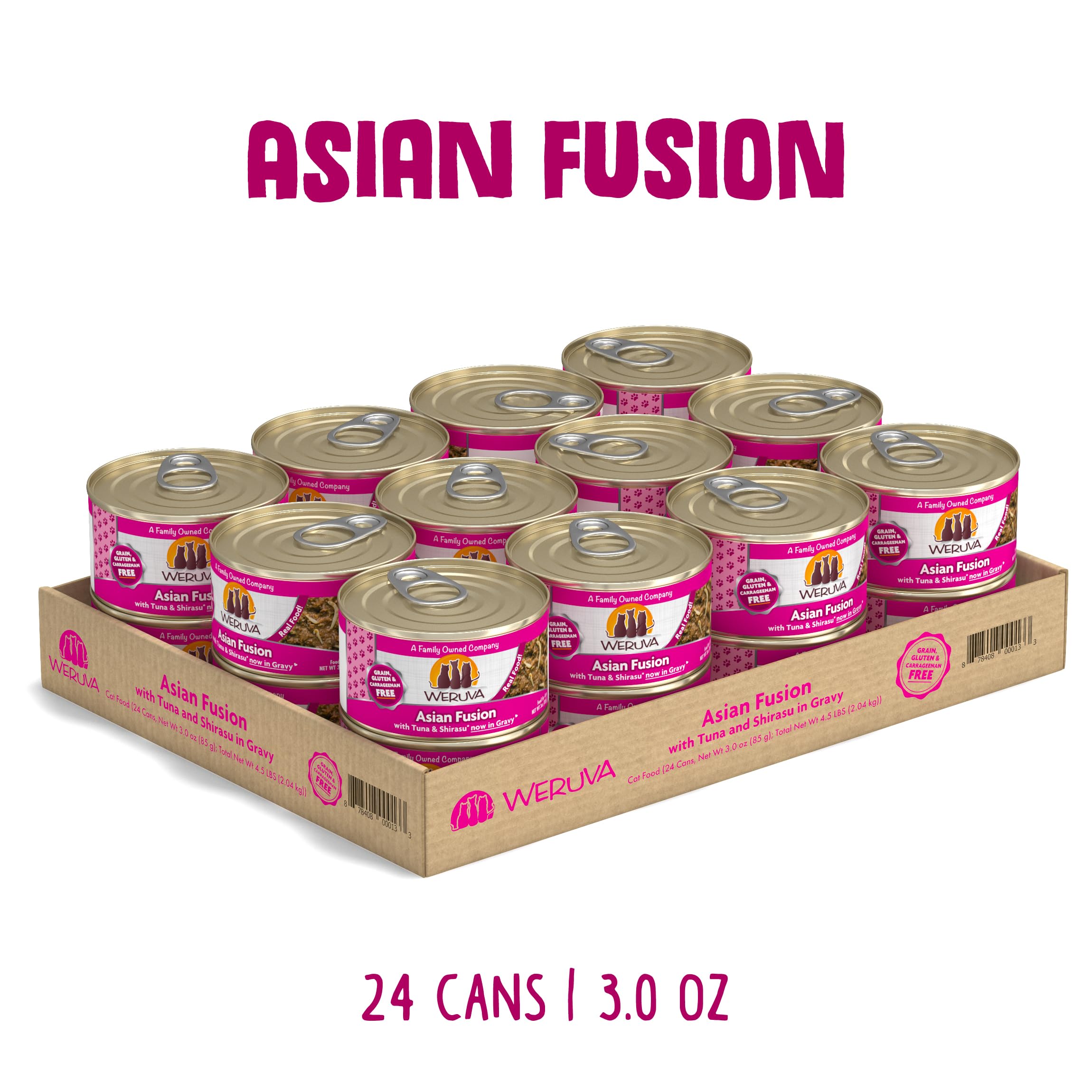 Weruva Asian Fusion cat food featuring tuna and shirasu in close-up.