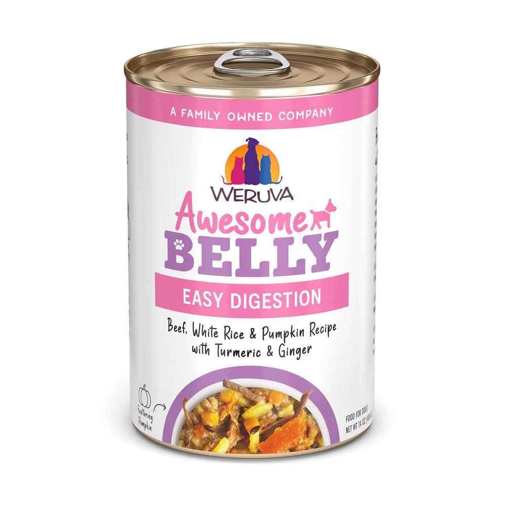 Weruva Awesome Belly wet dog food can shown from the front.