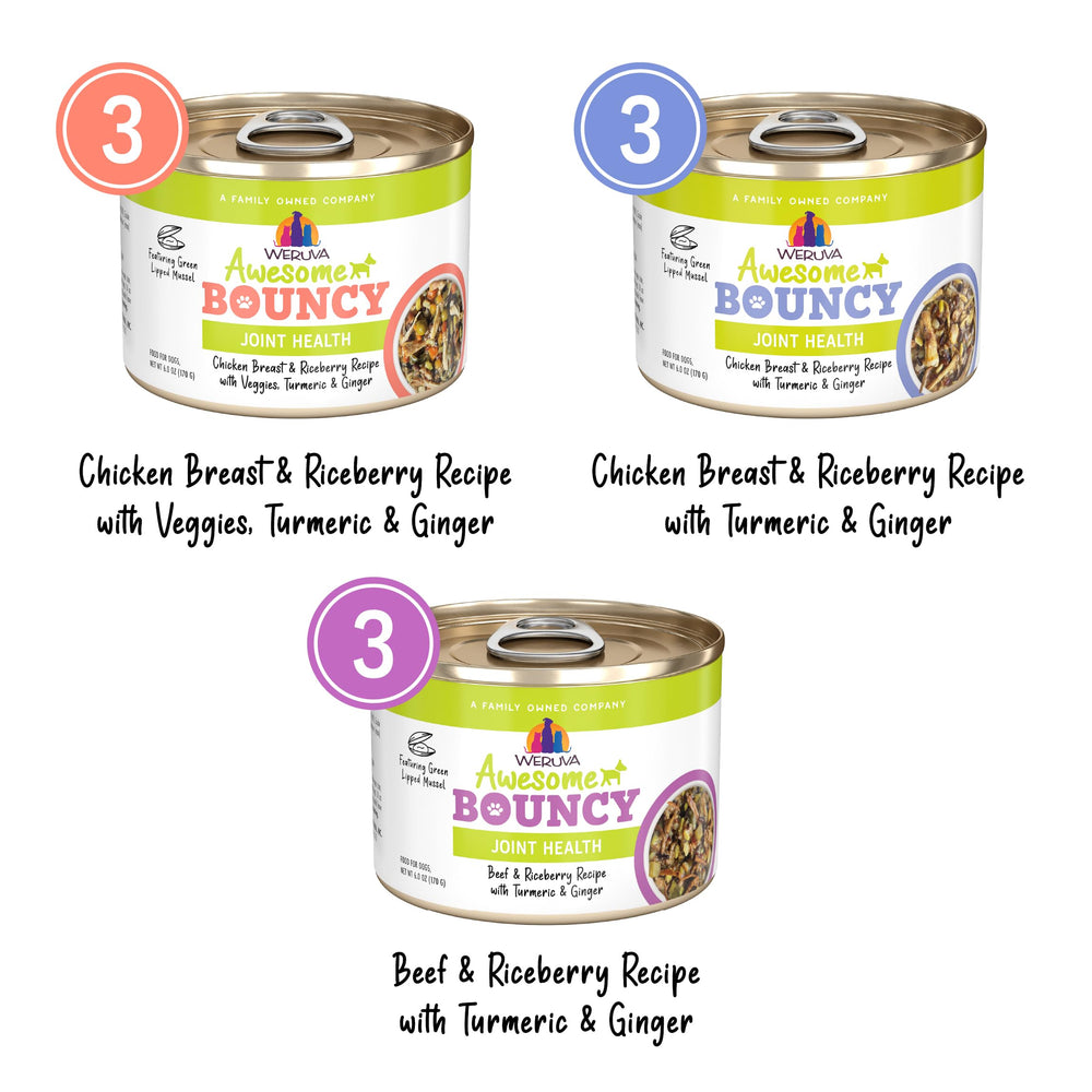 Weruva Awesome Bouncy variety pack shown as a multi-can product display.