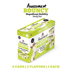 Weruva Awesome Bouncy wet dog food can shown from the front.