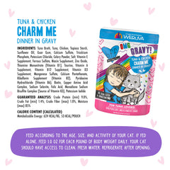 Weruva B.F.F. OMG cat food showing chicken pieces in the recipe.