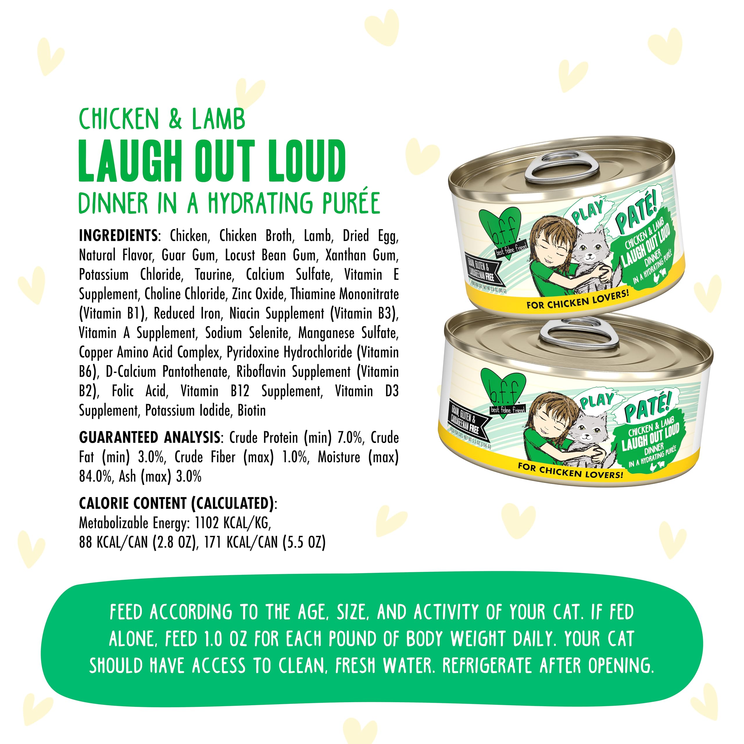 Weruva B.F.F. Play chicken and lamb paté shown as an eight-can pack.