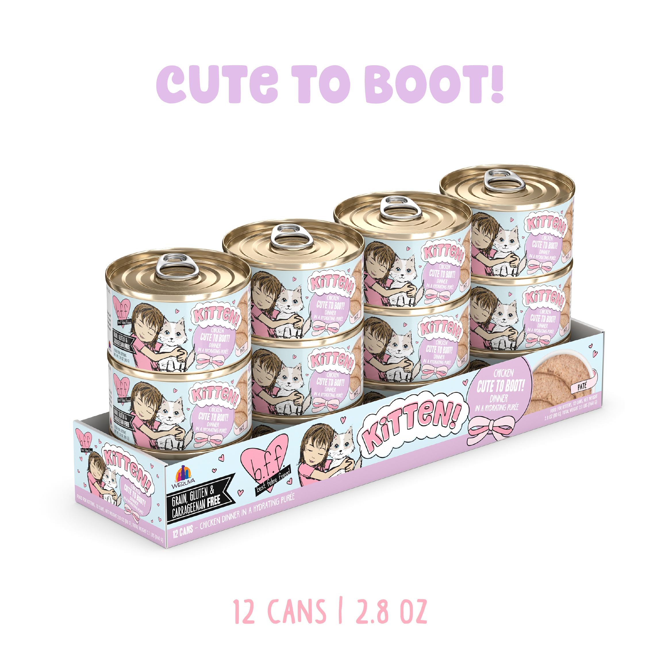Weruva B.F.F. Kitten food can shown at an angled view.