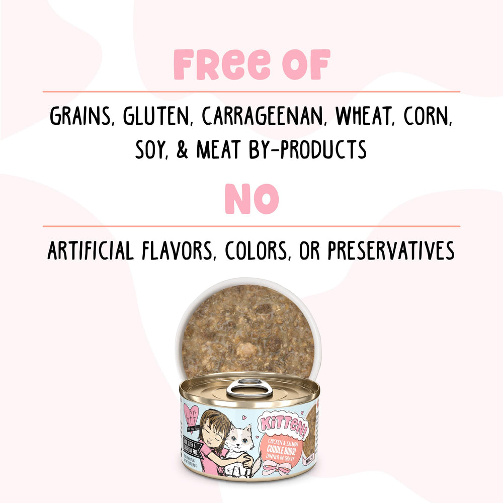 Weruva B.F.F. kitten food ingredient exclusions shown on the packaging.