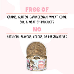 Weruva B.F.F. kitten food ingredient exclusions shown on the packaging.