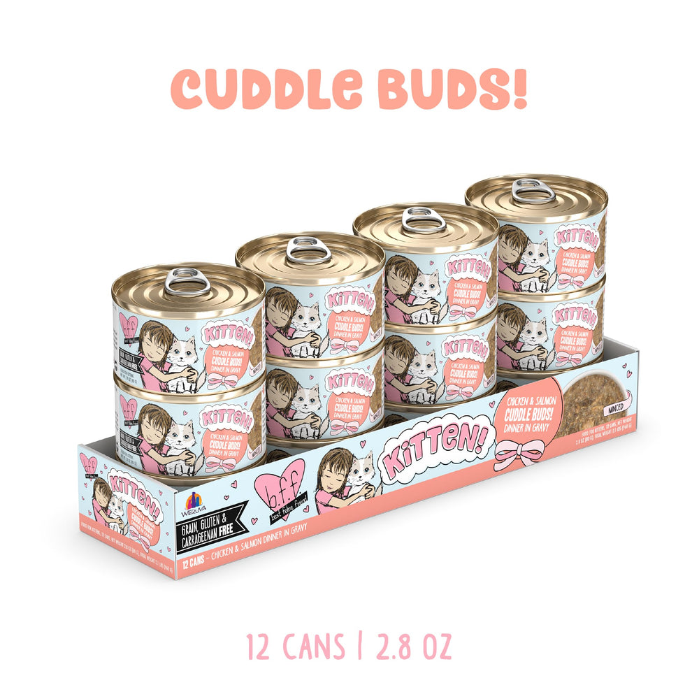 Weruva B.F.F. kitten food twelve-can pack shown together.