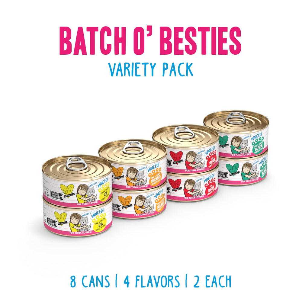 Weruva BFF minced wet cat food can label showing the Batch O Besties recipe.