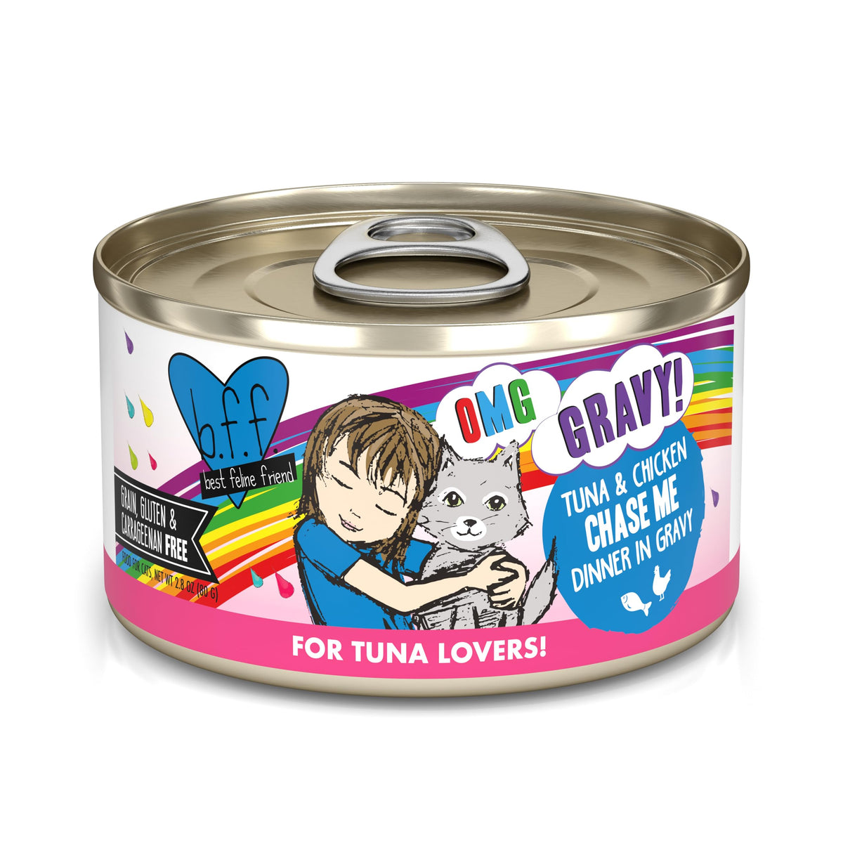 Weruva B.F.F. OMG cat food can shown from the front.