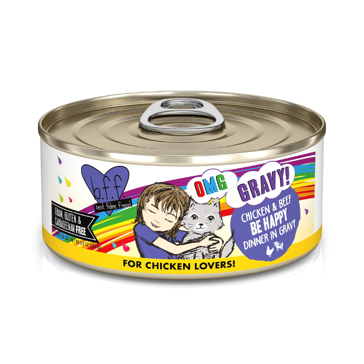 Weruva B.F.F. OMG cat food can shown from the front.