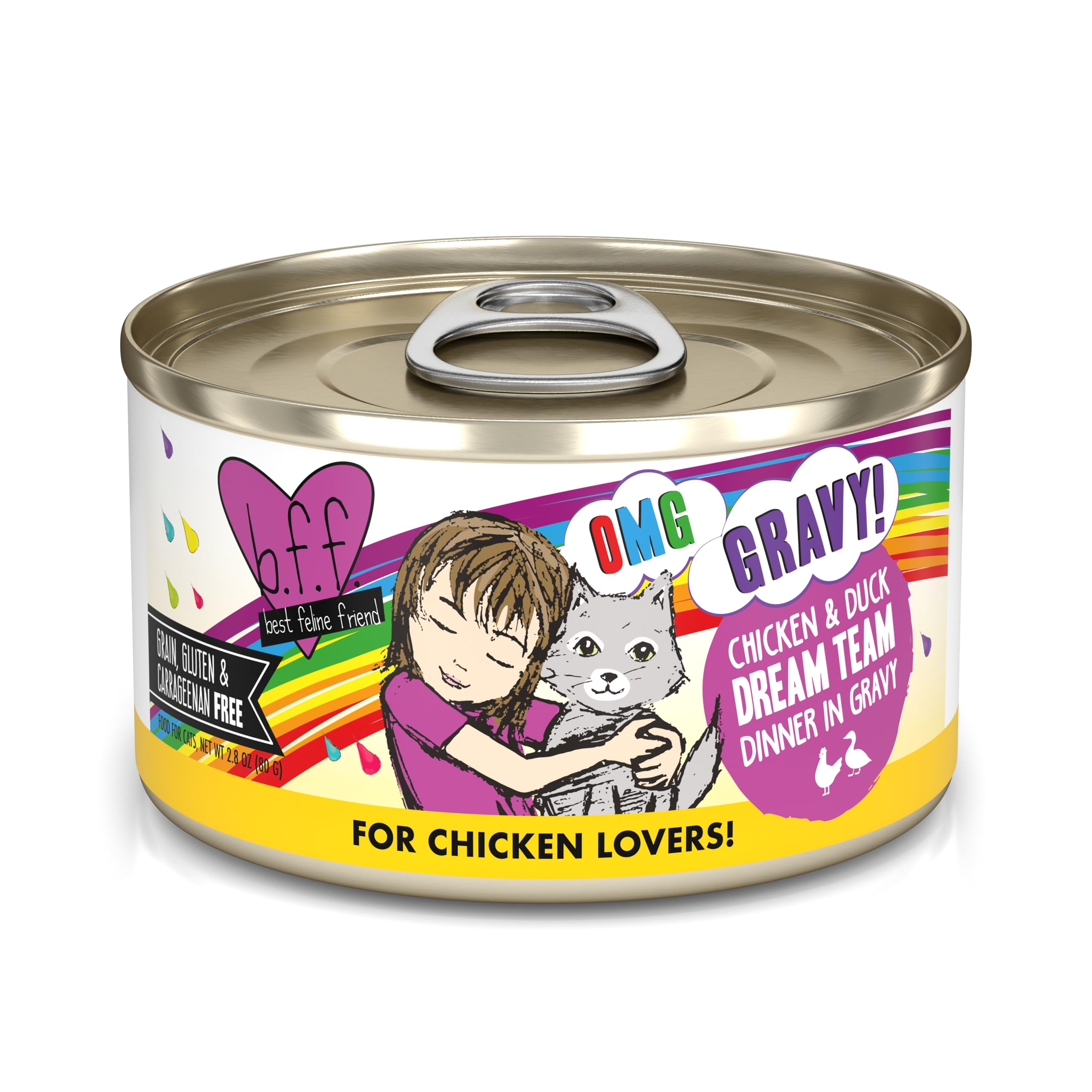 Weruva B.F.F. OMG cat food can shown from the front.