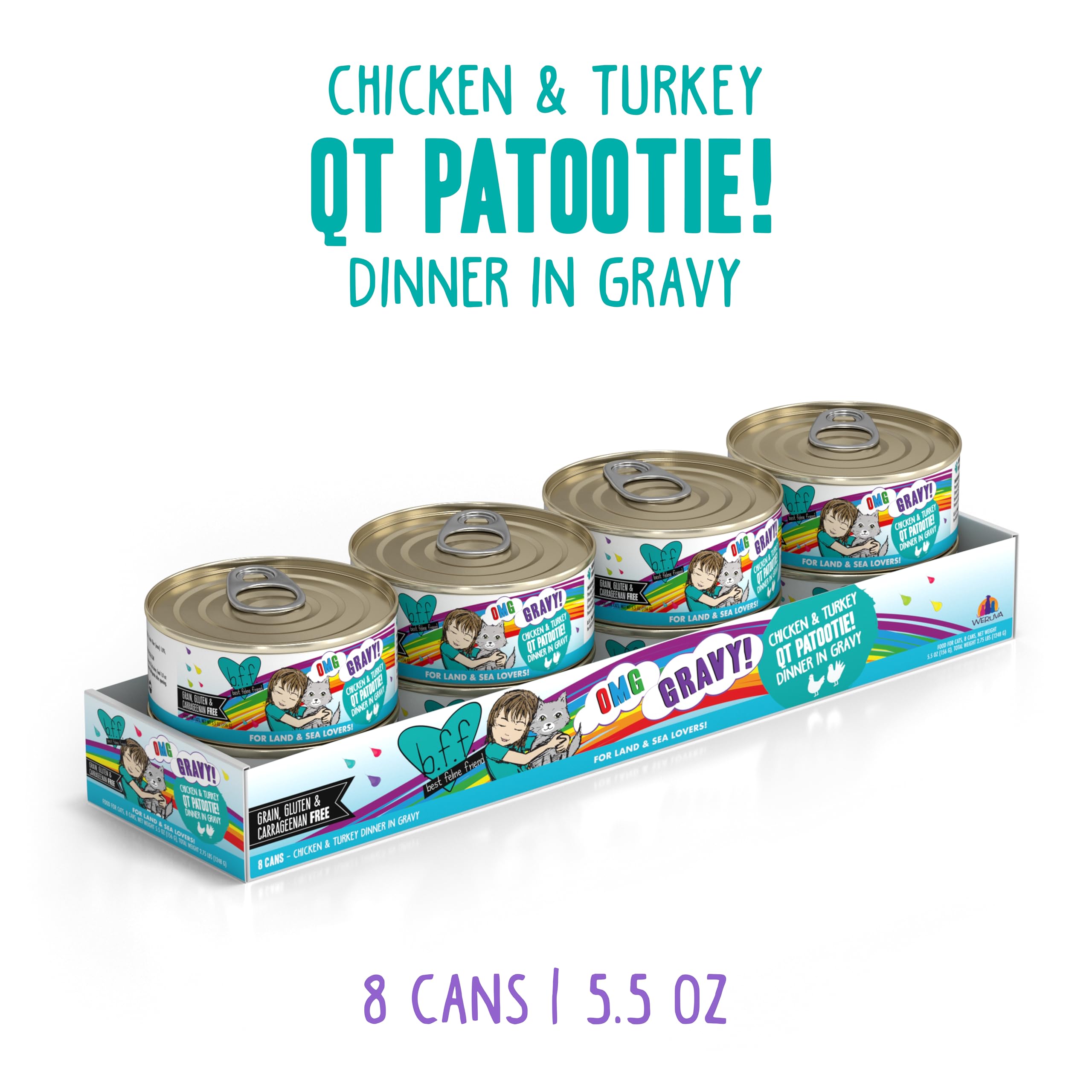 Weruva B.F.F. OMG cat food shown as an eight-can pack.