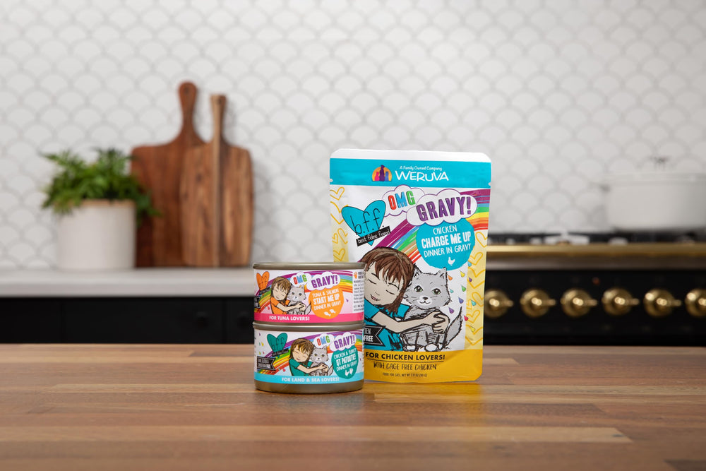 Weruva B.F.F. OMG cat food label shown in detail.