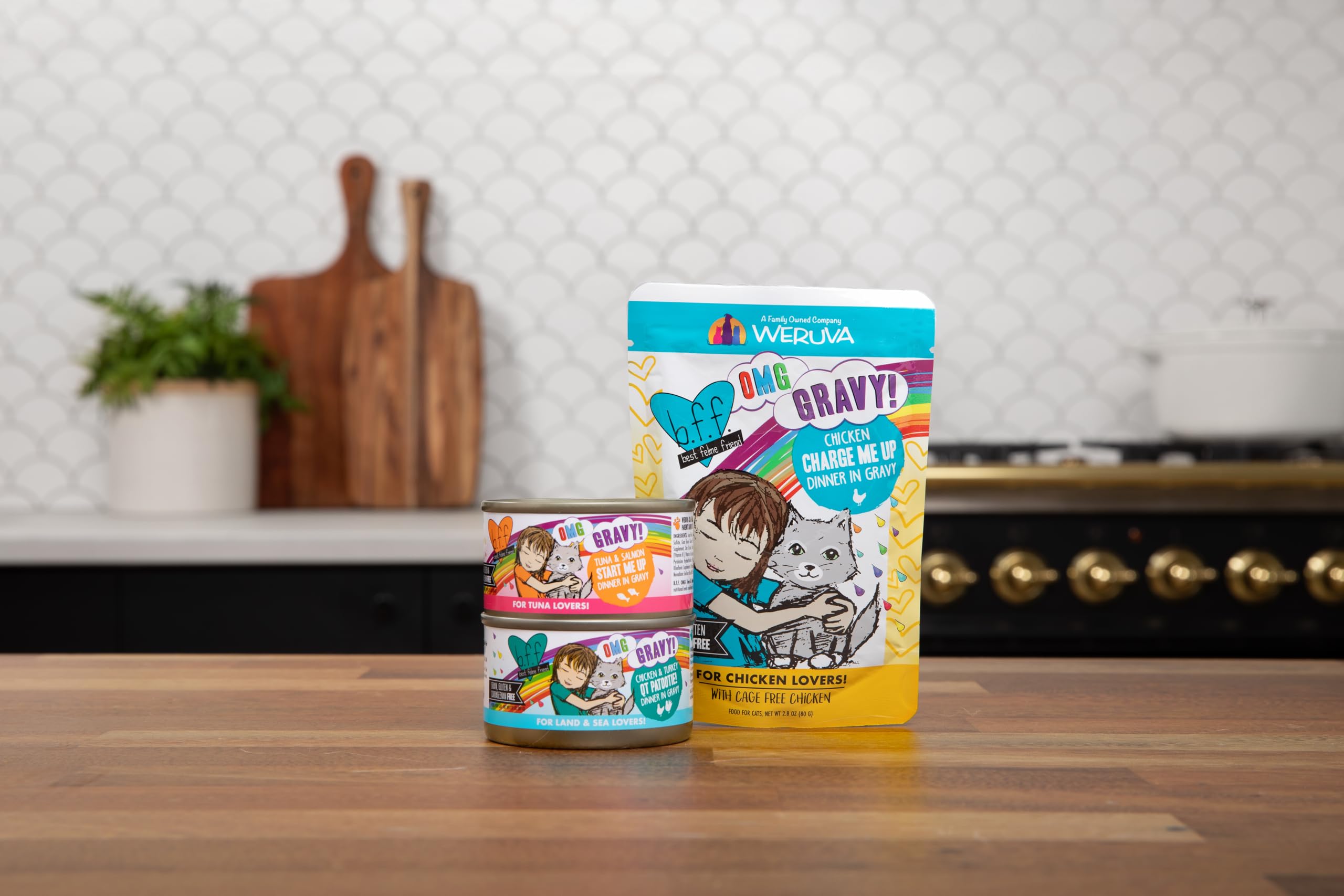 Weruva B.F.F. OMG cat food shown at mealtime.