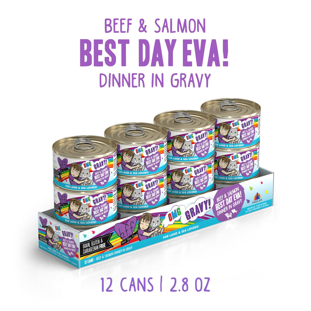 Weruva B.F.F. OMG cat food twelve-can pack shown together.