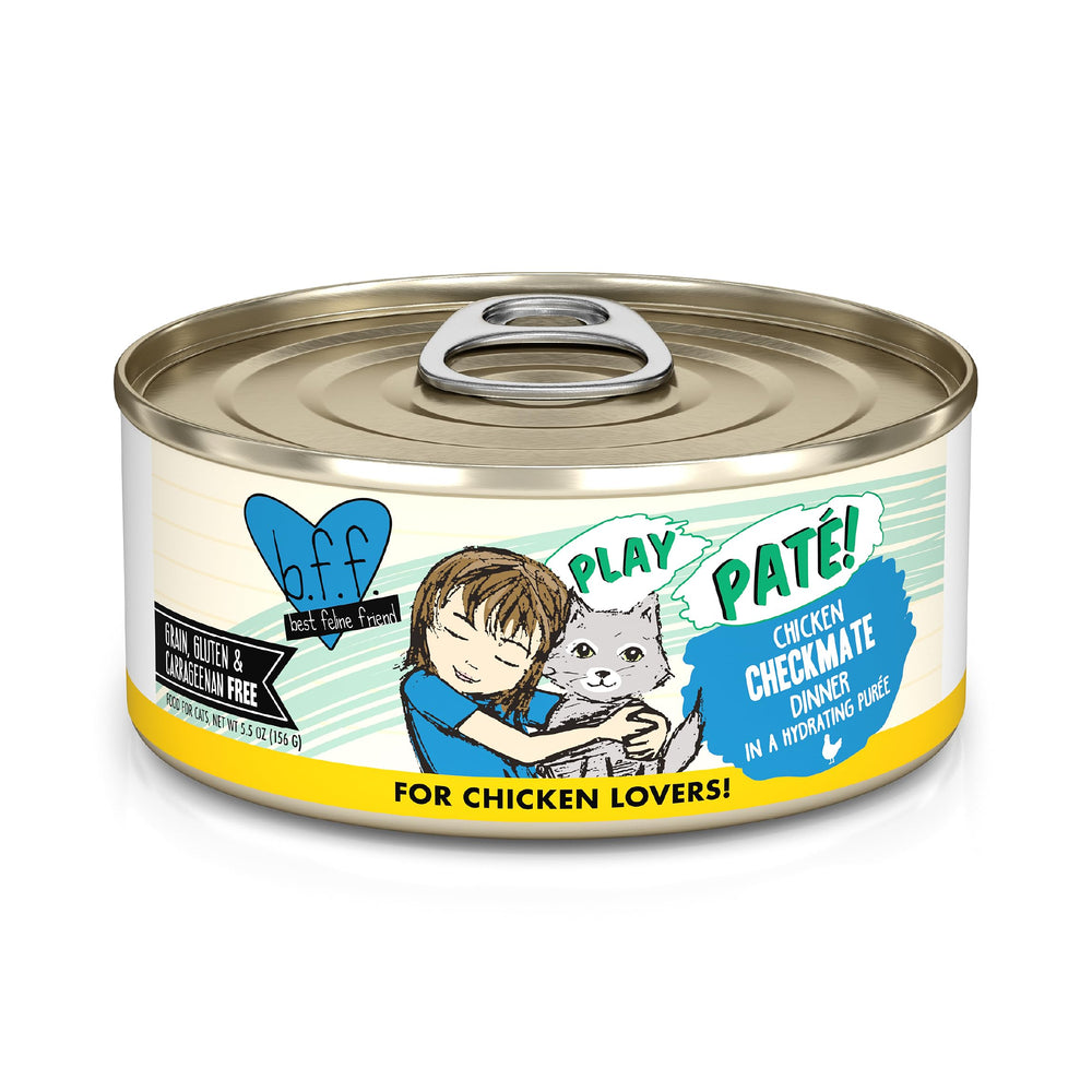 Weruva B.F.F. Play Chicken Checkmate wet cat food can shown from the front.