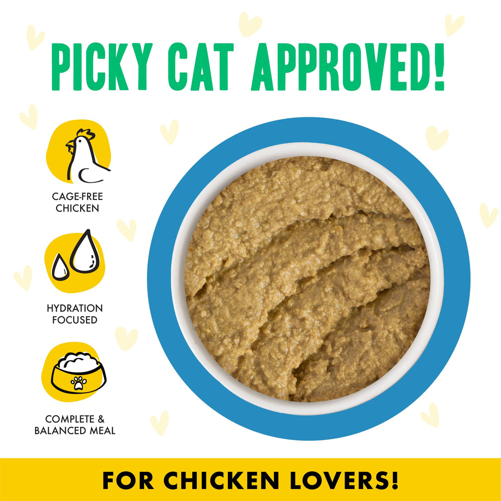 Weruva B.F.F. Play Chicken Checkmate wet cat food with creamy pâté texture visible.
