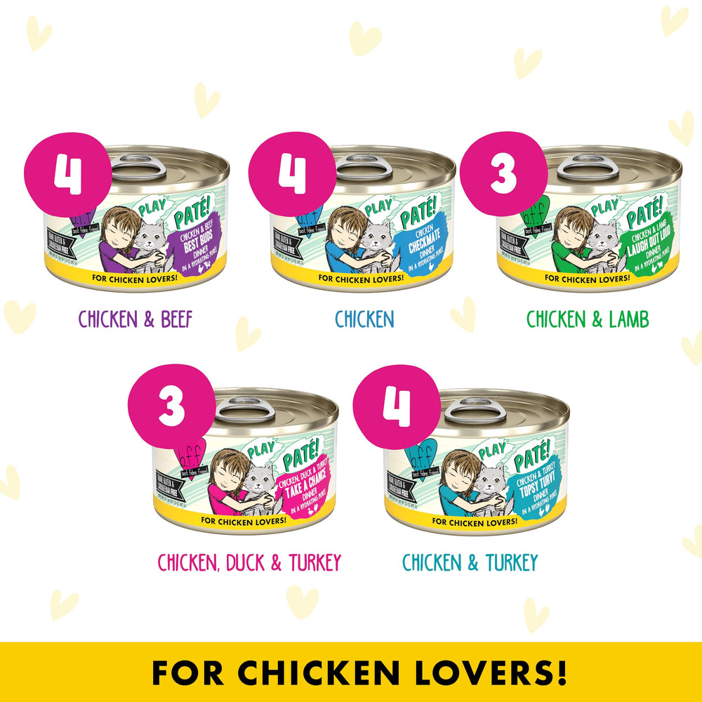 Weruva B.F.F. Play Chicken Checkmate pâté recipe in its can.